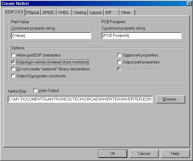 OrCAD Create Netlist Dialogue